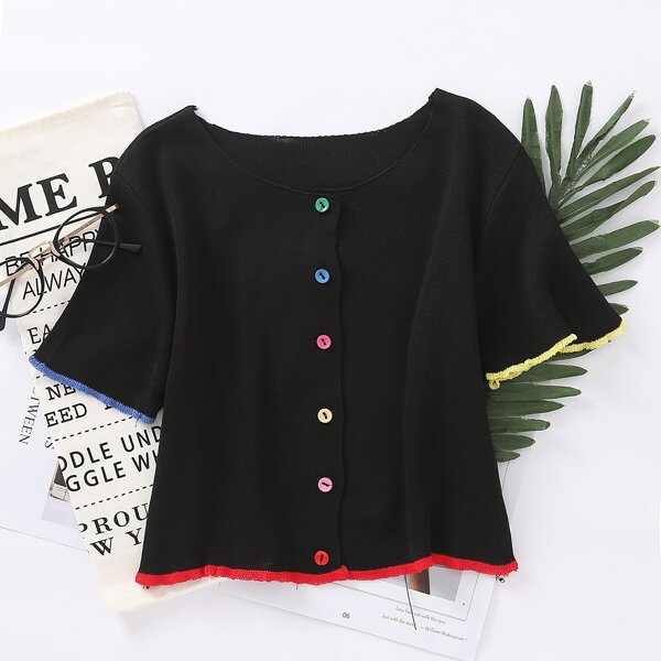 

Contrast Binding Colorful Button Up Cardigan, Black