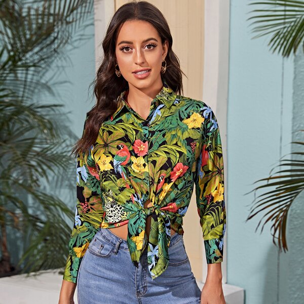 

Tropical Print Slit Hem Blouse, Multicolor