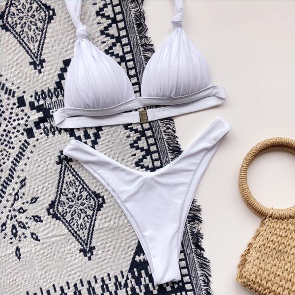 

Ruched Bust Triangle High Leg Bikini Swimsuit, White