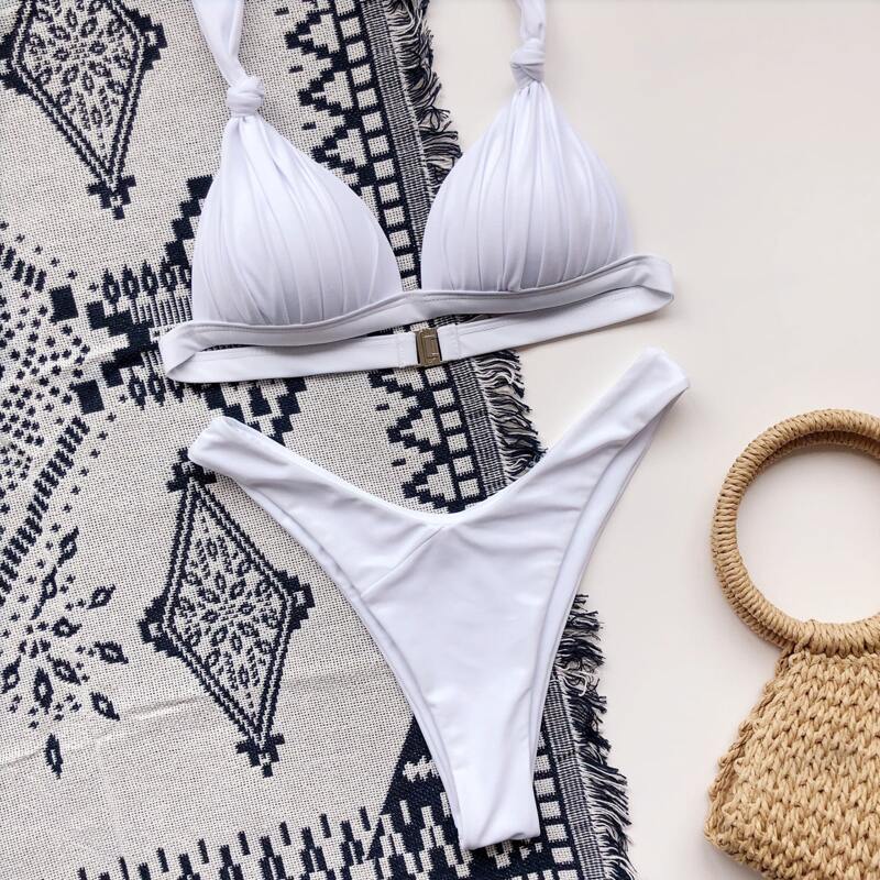 

Ruched Bust Triangle High Leg Bikini Swimsuit, White