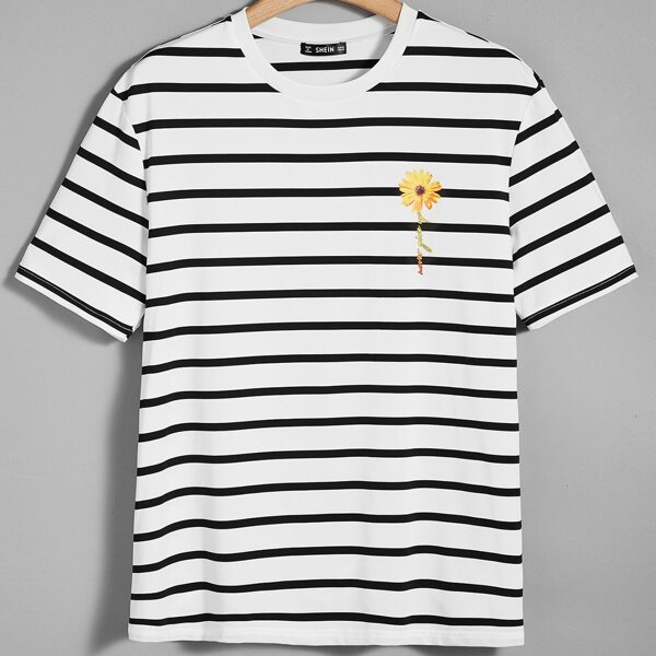 

Men Floral Print Striped Tee, White