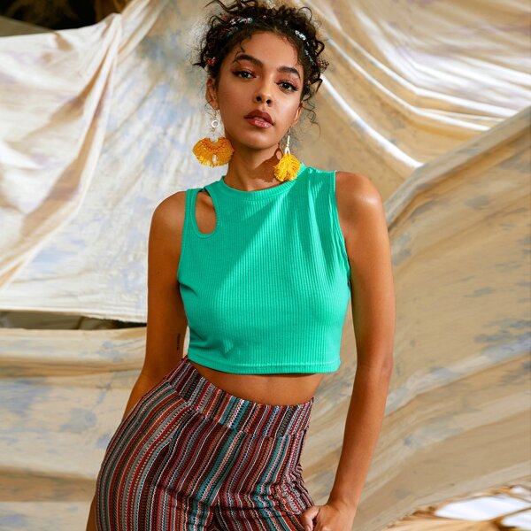 

Cut Out Rib-knit Tank Top, Green