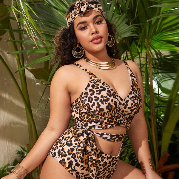 

Plus Leopard Wrap Knot Front One Piece Swimsuit, Brown