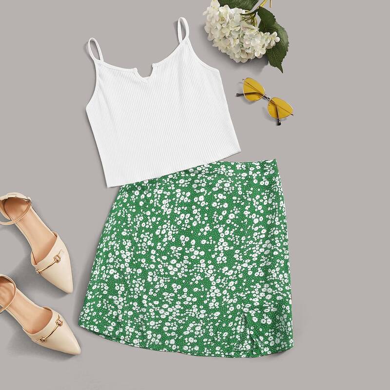 

White Cami & Ditsy Floral Skirt, Green
