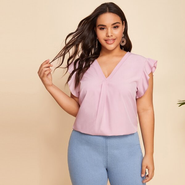 

Plus Fold Pleat Front Ruffle Armhole Top, Pink pastel
