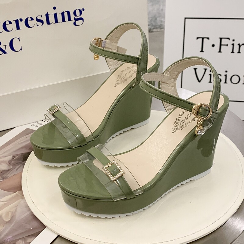 

Rhinestone Ankle Strap Wedges, Green