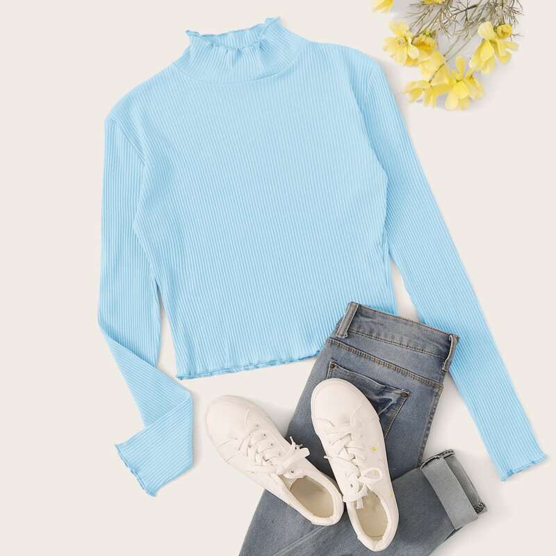

Mock Neck Lettuce Trim Tee, Blue