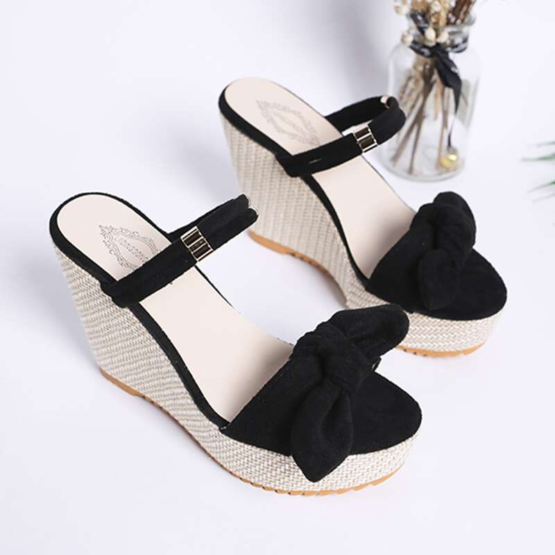 

Bow Tie Wedge Mules, Black