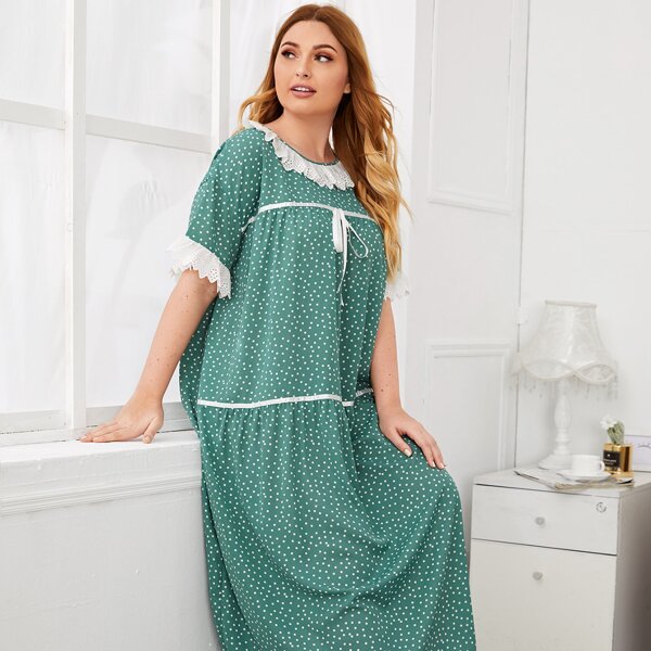 

Plus Eyelet Embroidered Trim Contrast Tape Polka Dot Nightdress, Green