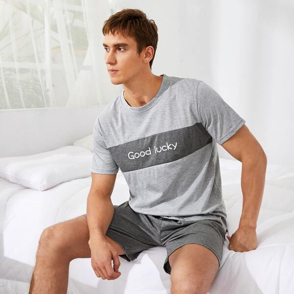

Men Slogan Graphic Colorblock Pajama Set, Grey