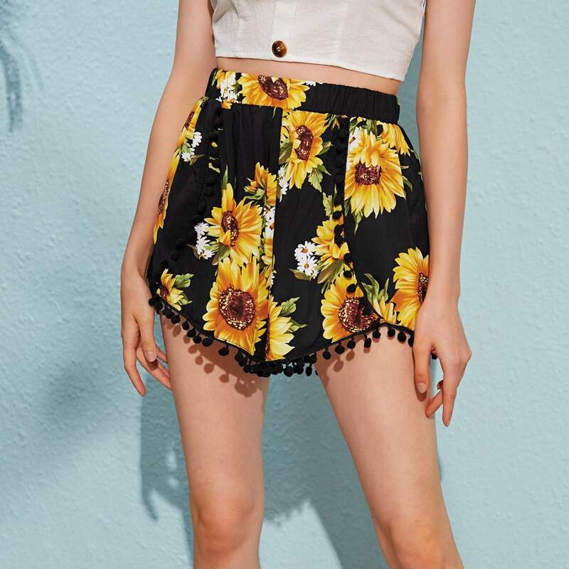 

Sunflower Print Pompom Trim Shorts, Black