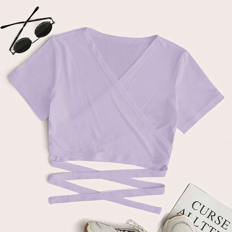 

Self Tie Surplice Crop Top, Purple