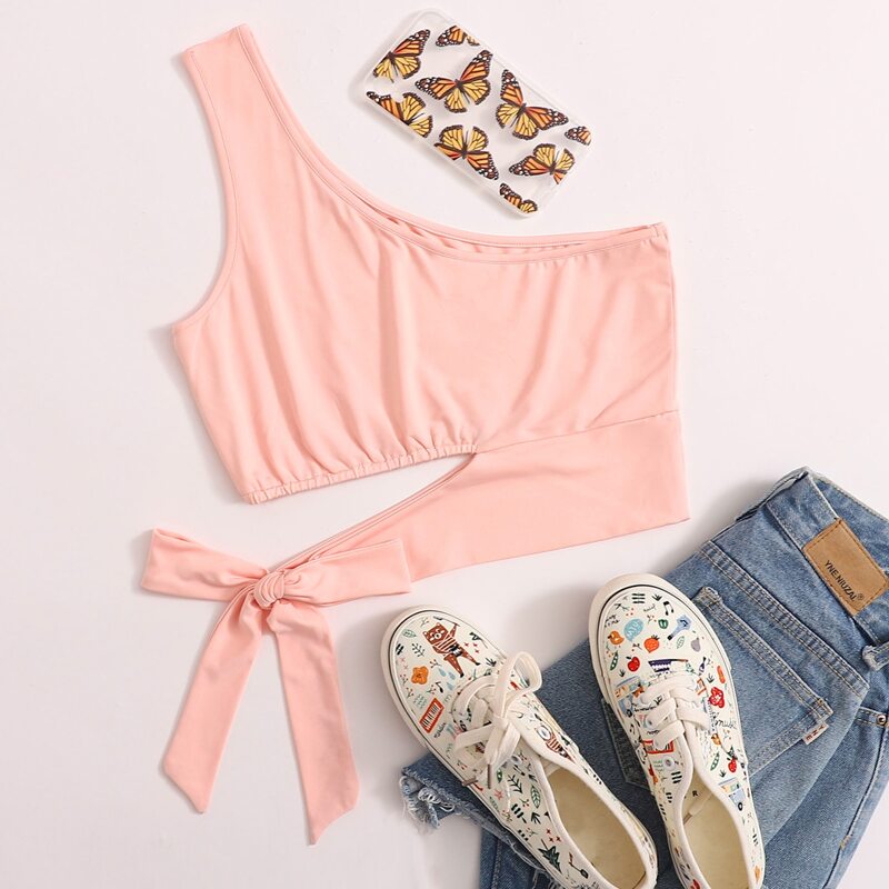 

One Shoulder Tie Side Crop Tank Top, Pink