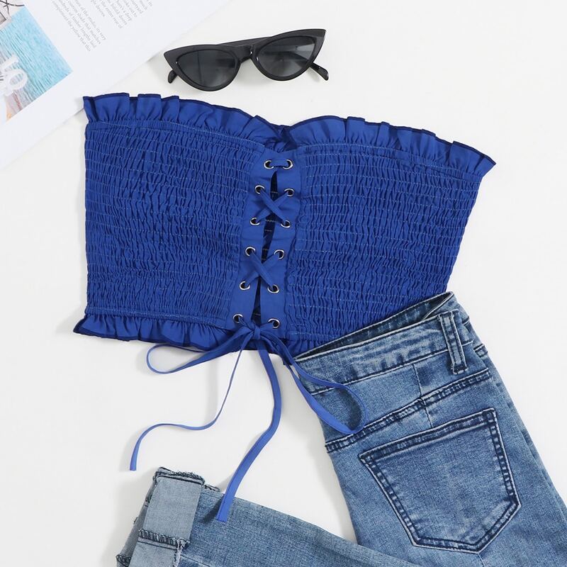 

Lace Up Frill Trim Shirred Tube Top, Blue