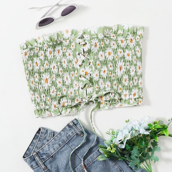 

Lace Up Floral Print Shirred Tube Top, Green