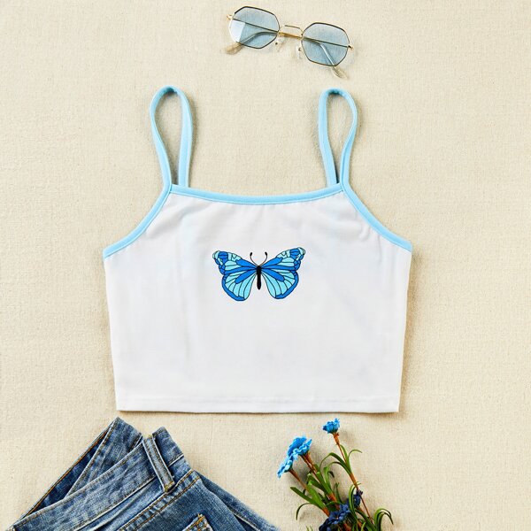

Contrast Binding Butterfly Print Cami Top, White