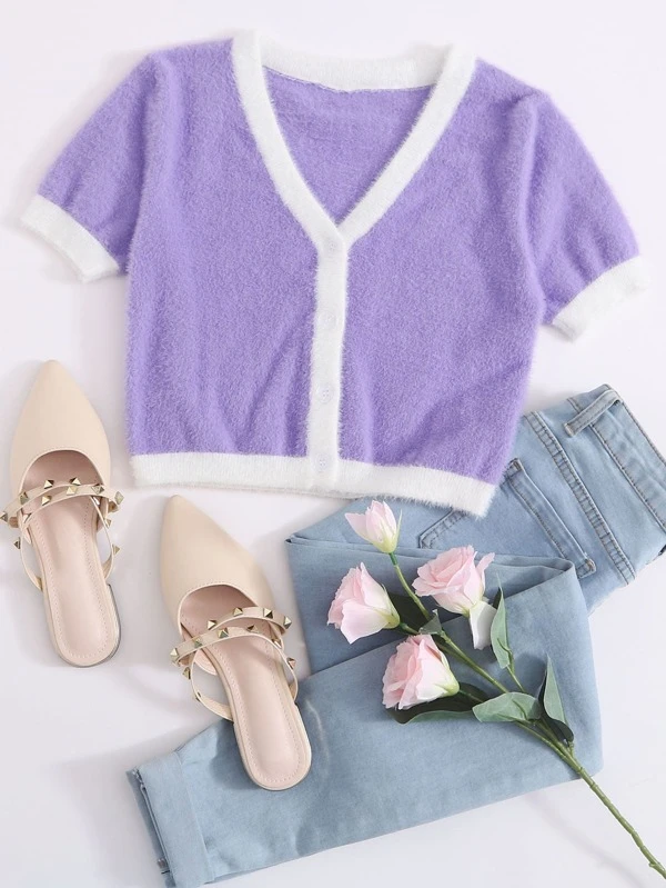 fuzzy purple cardigan