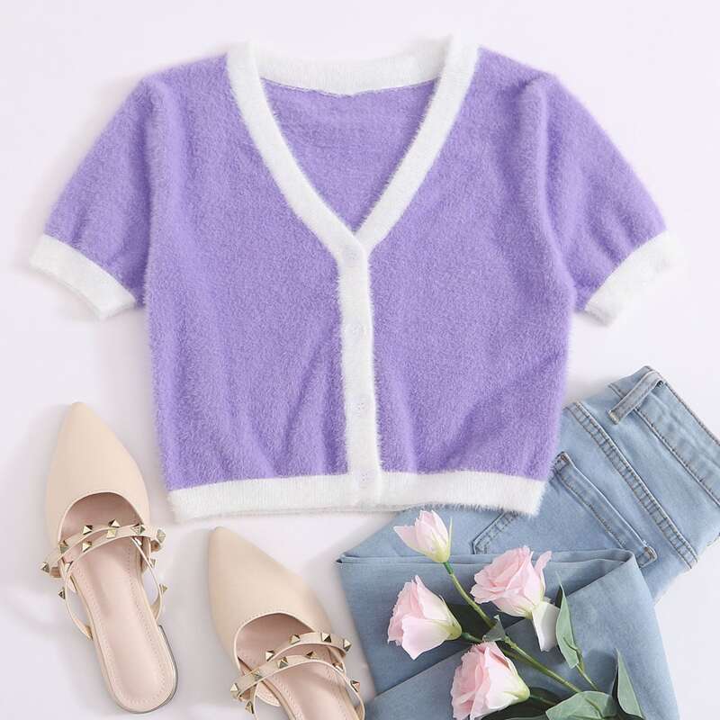 

Button Front Contrast Binding Fuzzy Cardigan, Lilac purple