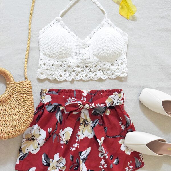

Crochet Halter Top & Floral Belted Shorts, Multicolor