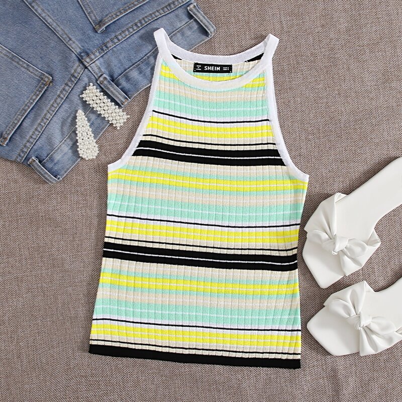 

Striped Rib-knit Halterneck Top, Multicolor