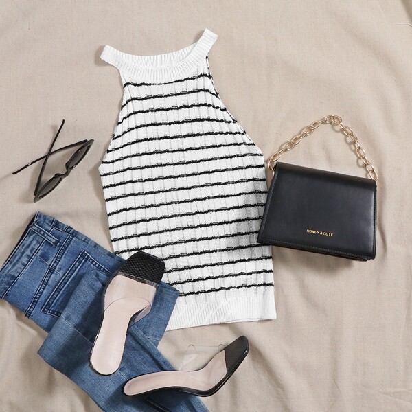 

Striped Halter Neck Knit Top, White