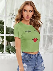 Camiseta corta con estampado de pestaña y labio - Verde Lima - Ver 5