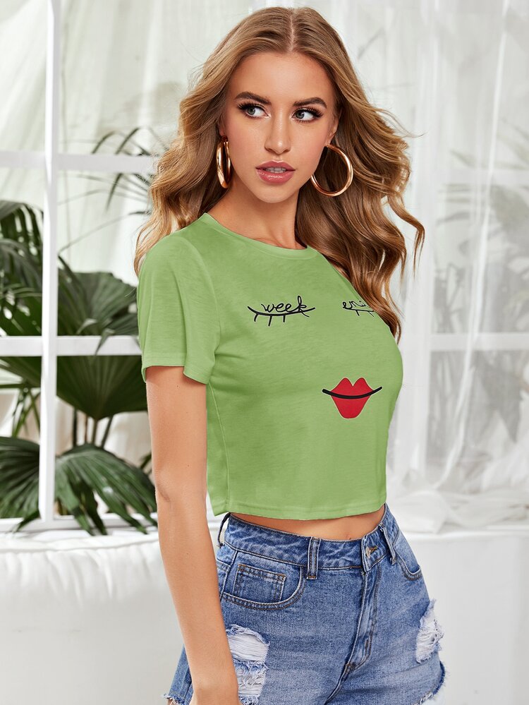 Eyelash and Lip Print Crop Tee - Lime Green - View 5