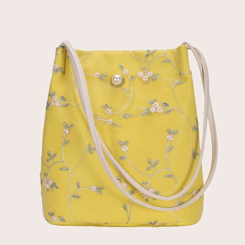 

Floral Embroidery Tote Bag, Yellow