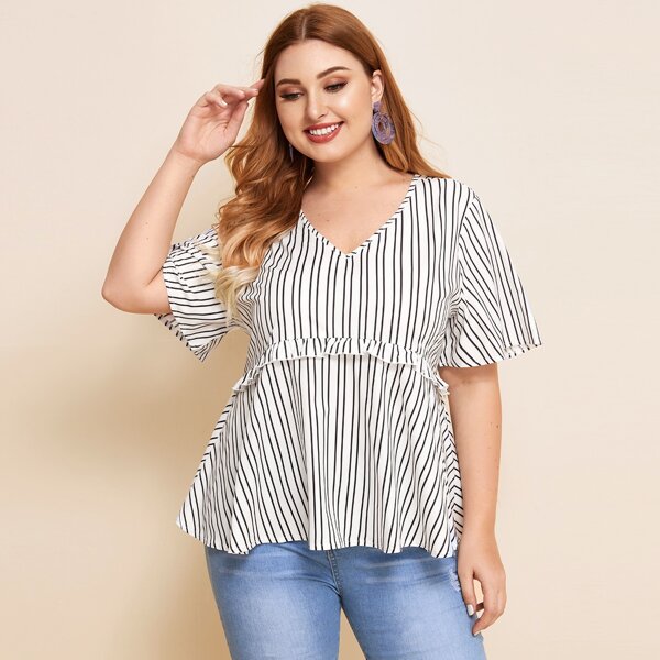 

Plus Striped Ruffle Trim Babydoll Blouse, Black and white