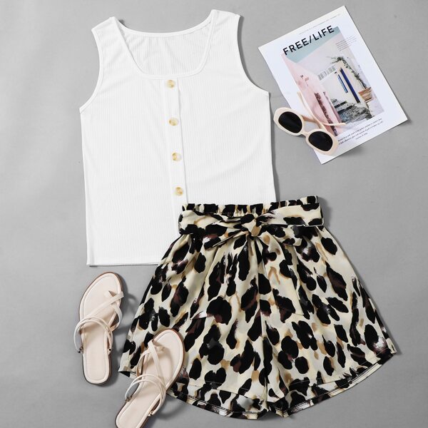 

Button Front Tank Top & Allover Print Belted Shorts, Multicolor