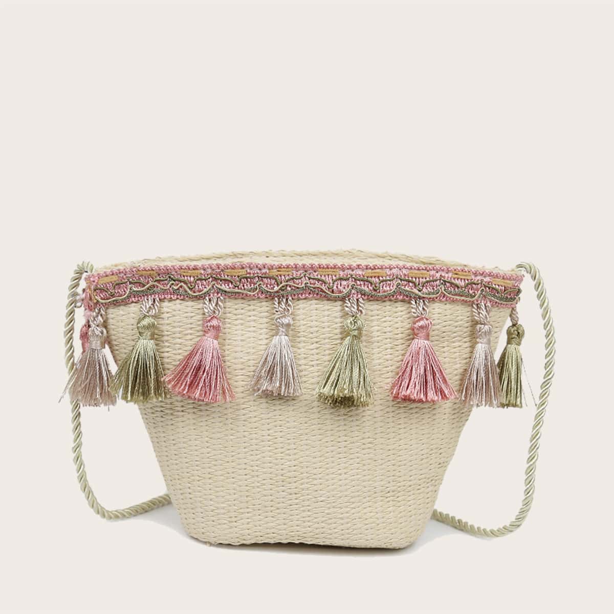 

Tassel Decor Braided Crossbody Bag, Beige