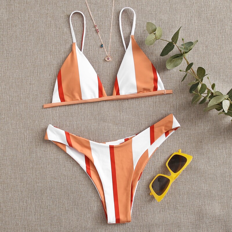 

Striped High Leg Bikini Swimsuit, Multicolor