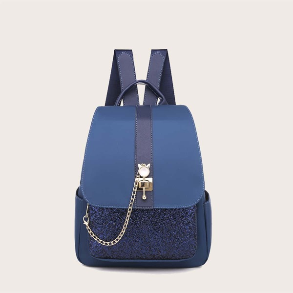

Glitter Decor Flap Backpack, Navy blue
