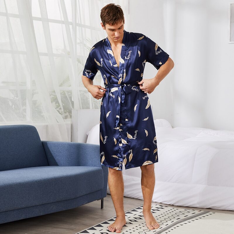 

Guys Feather & Letter Graphic Belted Satin Robe, Navy