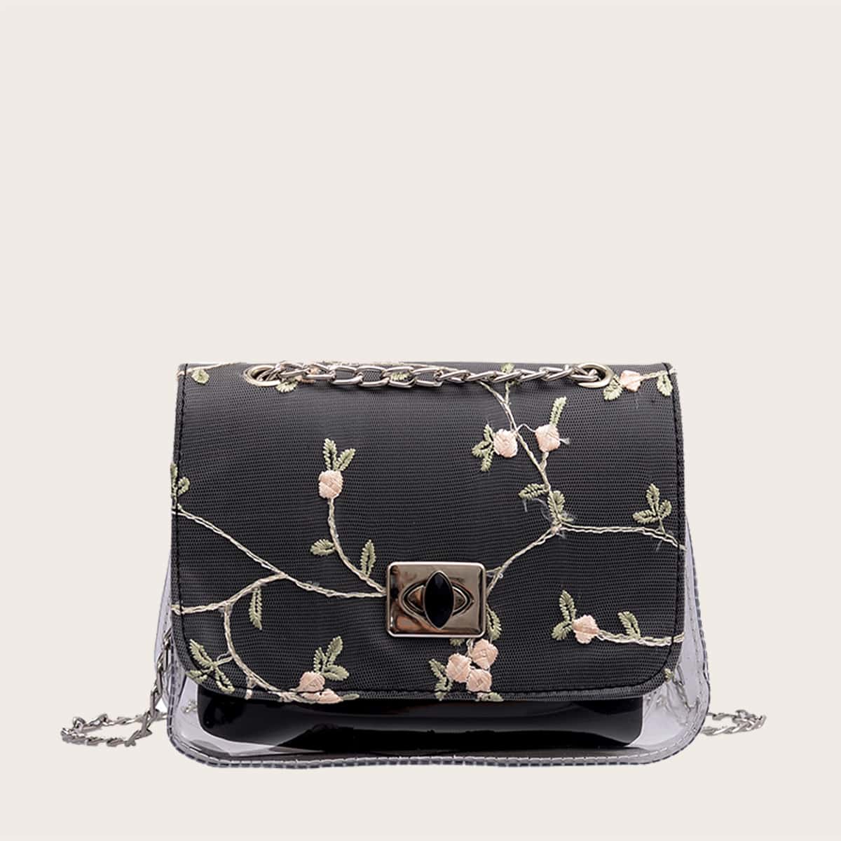 

Floral Embroidery Clear Crossbody Bag, Black