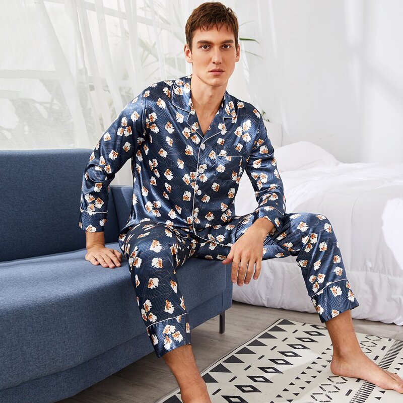 

Guys Contrast Binding Goldfish Print PJ Set, Navy