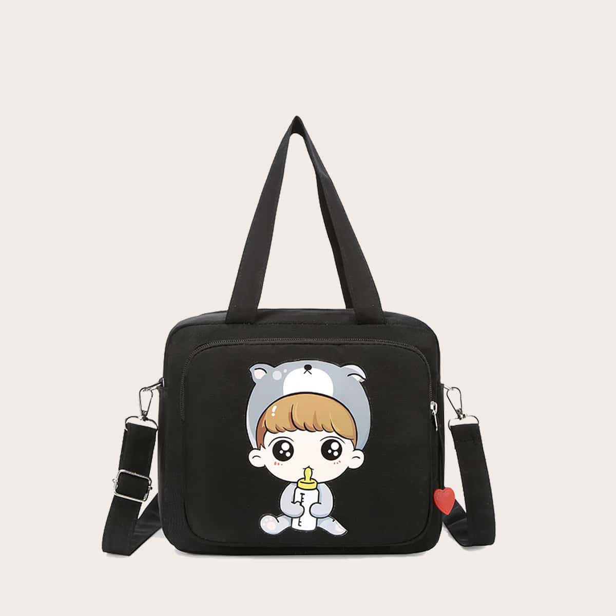 

Cartoon Graphic Tote Bag, Black