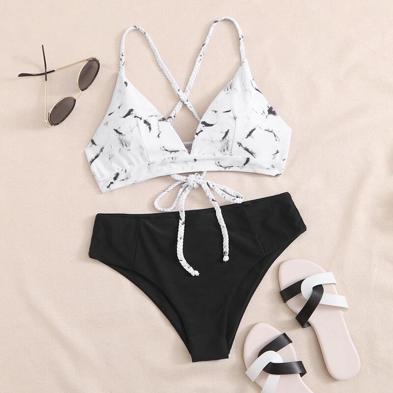 

Marble Bikini Swimsuit, Black and white