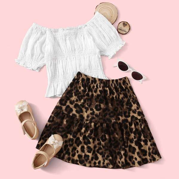

Toddler Girls Ruffle Hem Shirred Blouse & Leopard Skirt, Multicolor