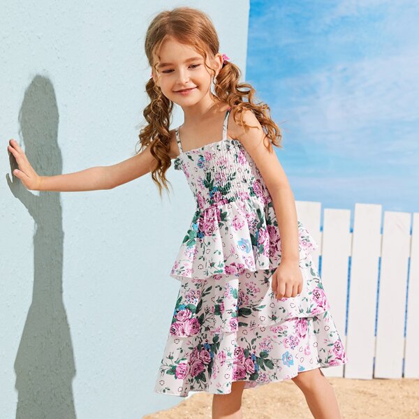 

Toddler Girls Floral Print Layered Ruffle Hem Cami Dress, White