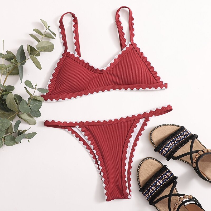 

Contrast Binding Cheeky Bikini Swimsuit, Red