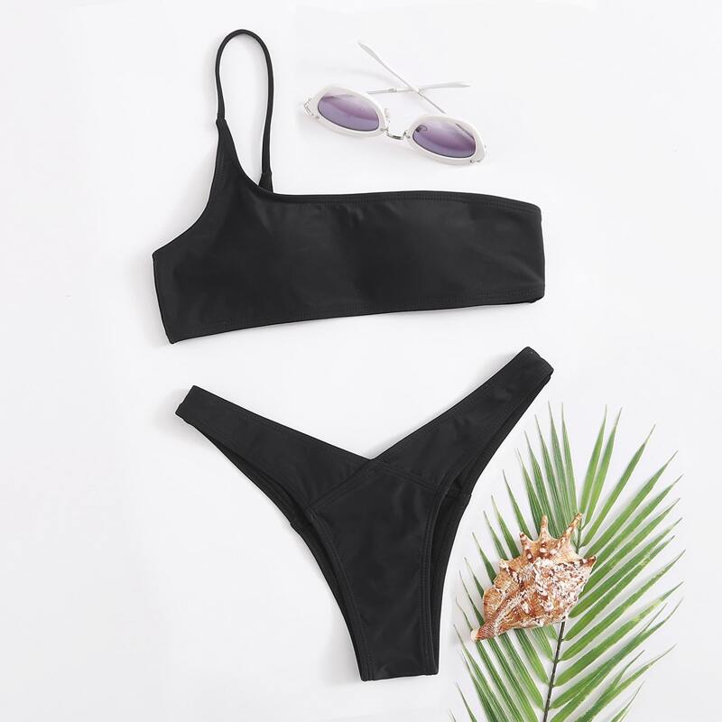 

One Shoulder High Leg Bikini Swimsuit, Black