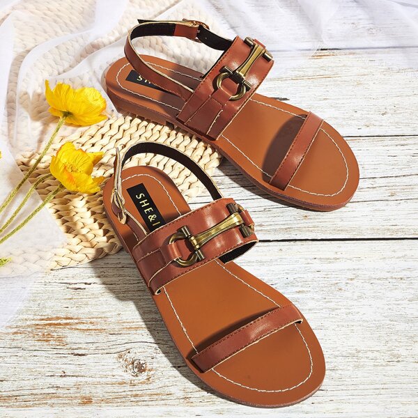

Horsebit Decor Double Band Slingback Sandals, Brown