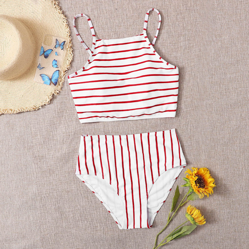 

Striped High Waist Bikini Swimsuit, Red and white