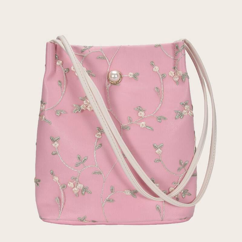 

Floral Embroidery Tote Bag, Pink