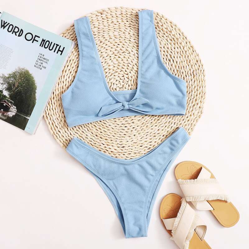 

Ribbed High Leg Bikini Swimsuit, Baby blue