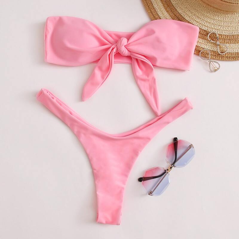 

Tie Front High Leg Bikini Swimsuit, Pink