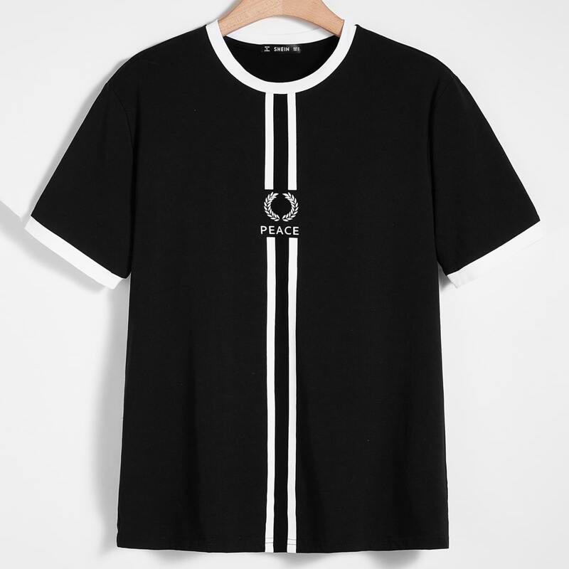 

Guys Letter Graphic Striped Ringer Tee, Black