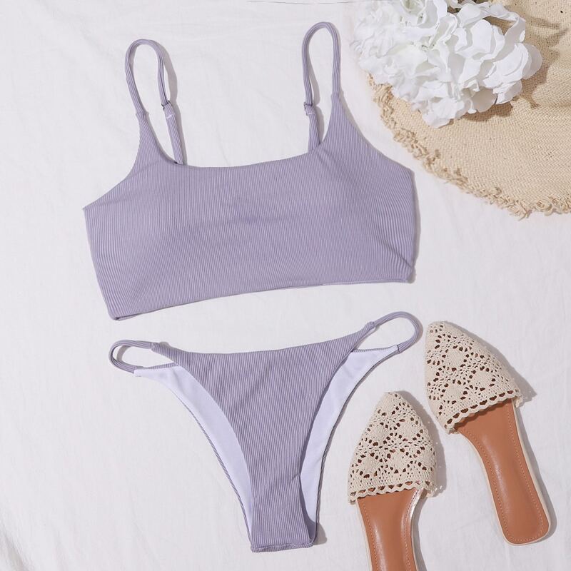 

Ribbed Tanga Bikini Swimsuit, Purple