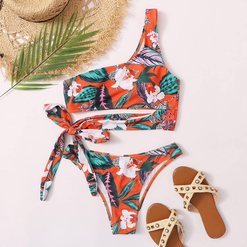 

Floral One Shoulder Bikini Swimsuit, Multicolor
